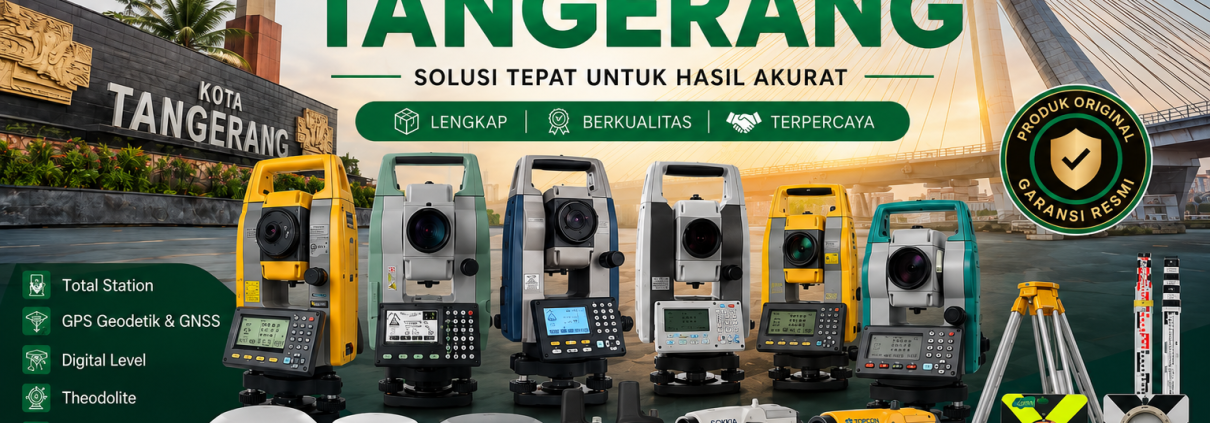 Rental alat survey Tangerang meliputi Total Station Topcon, Sokkia, Leica, GPS Geodetik GNSS, Theodolite, Automatic Level, aksesoris survey, service dan kalibrasi alat ukur pemetaan di Tangerang Banten.