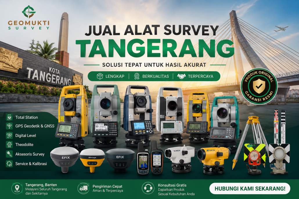 Jual alat survey Tangerang meliputi Total Station Topcon, Sokkia, Leica, GPS Geodetik GNSS, Theodolite, Automatic Level, aksesoris survey, service dan kalibrasi alat ukur pemetaan di Tangerang Banten.